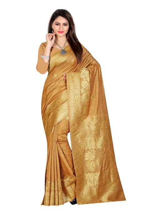 Buy Gold Plain Pure Kanjivaram Silk Saree With Blouse Online