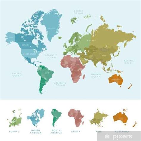 Fototapete Kontinente Und Länder Auf Der Weltkarte Markiert Farbige