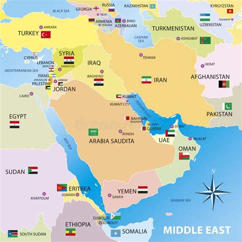 Middle East Map With Borders And Flags Stock Vector Illustration Of