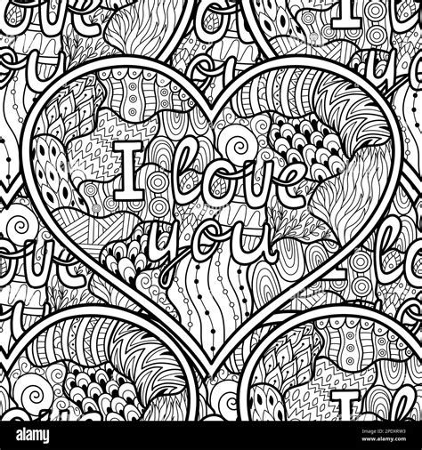 I Love You Black And White Seamless Pattern For Coloring Book Heart