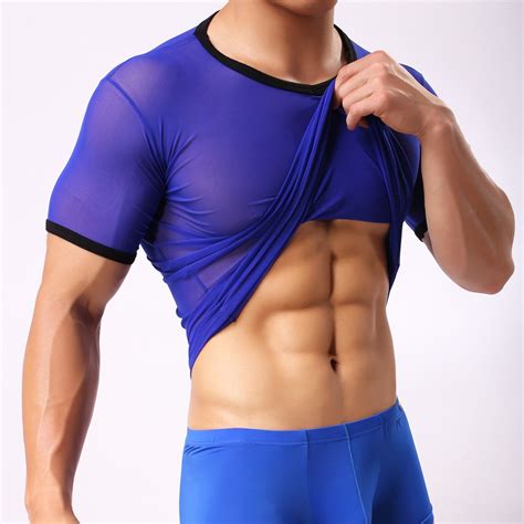 Men Sexy Mesh Tops New Short Sleeve Muscle Undershirts Summer Ultra Thin T Shirts Transparenr