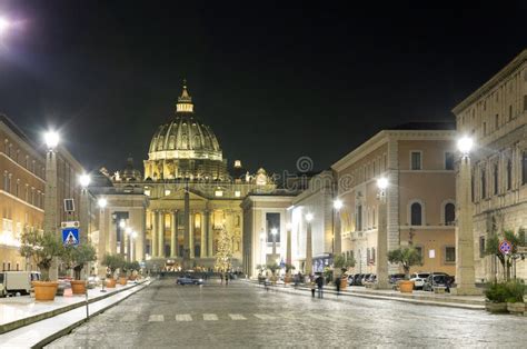 The Saint Peter Cathedral Of Vatican At Night Stock Image Image Of