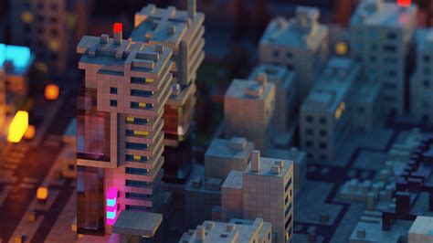 Voxels Urban Neon Vaporwave Tilt Shift Blade Runner 3d Wallpaper