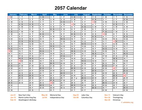 2057 Calendar Horizontal One Page