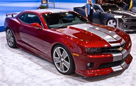 Custom Chevrolet Camaro In Red Metallic Paint And White Car Stripes