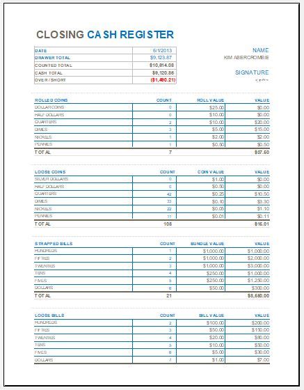 Automated cash reconciliation worksheet system (acrws). Closing Cash Register Template for MS Excel | Excel Templates