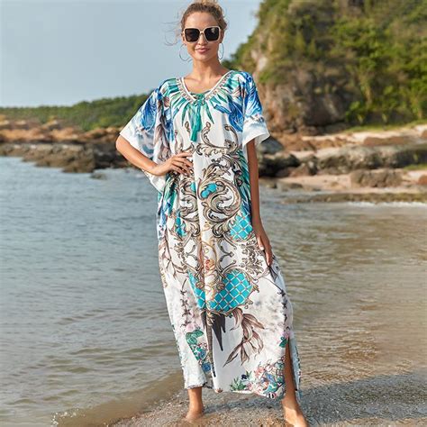 Buy Beach Cover Up Tunics For Beach Print Polyester Long Kaftan Bikini Cover Up Robe De Plage
