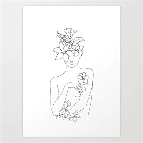 Buy Minimal Line Art Woman With Flowers Iv Art Print By Nadja1