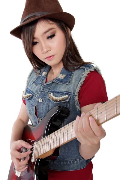 Beautiful Rocker Girl Pose With Her Guitar On White Background — Stock