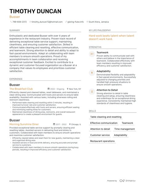 3 Successful Busser Resume Examples And Writing Tips for 2024