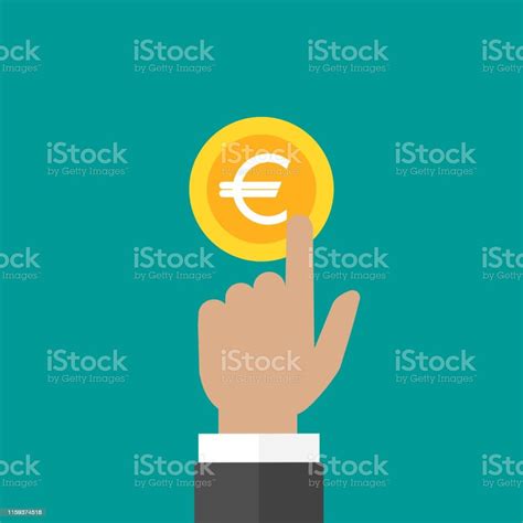 Hand With Gold Euro Coin Hand Pointing Vector Flat Illustration On Blue
