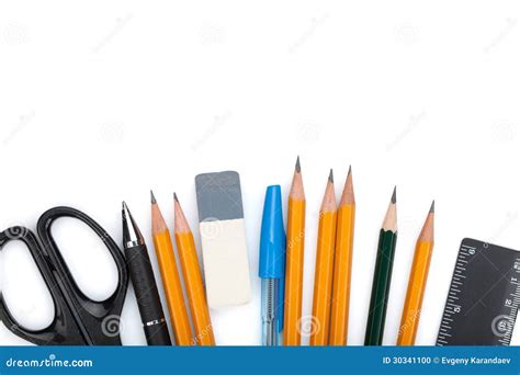 Pencils Pens Ruler Scissors And Rubber Stock Photo Image Of Sharp