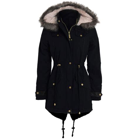 Womens Ladies Plus Size Faux Fur Hooded Winter Parka Jacket Fishtail