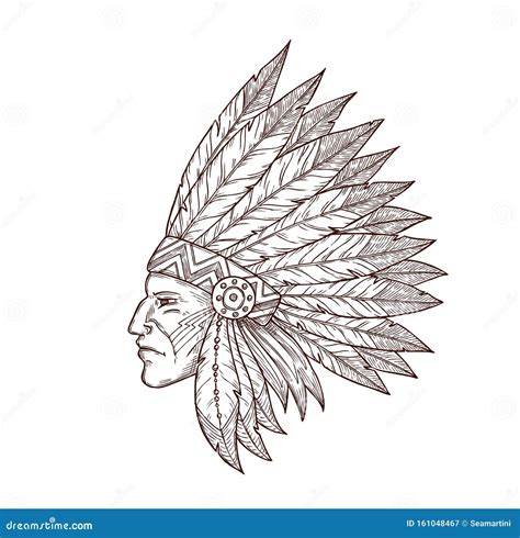 Indian Chief Head Native American Headdress Sketch Stock Vector