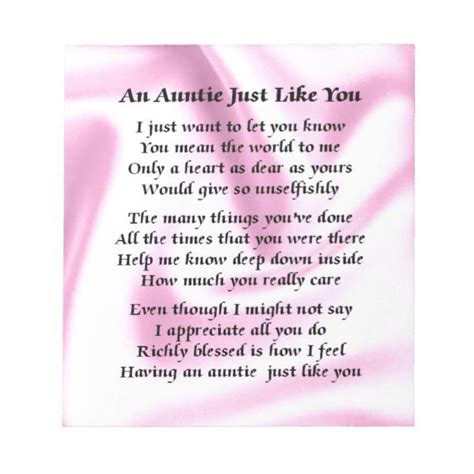 Auntie Poem Pink Silk Notepad Zazzle Aunt Quotes Birthday Quotes