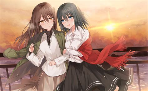 2girls Black Hair Blue Eyes Blush Brown Eyes Brown Hair Kinona Long