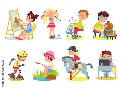 Kids Hobbies Little Children Characters Engaged In Various Activities