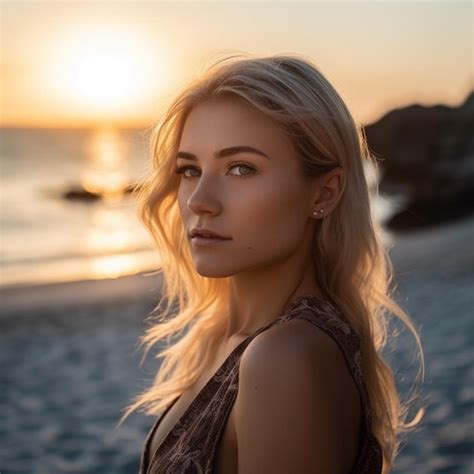 Premium Photo A Woman With Blonde Hair Stands On A Beach With The Sun Setting Behind Her