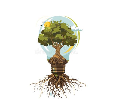 Green Energy Vector Illustration Light Bulb With Tree Inside Roots
