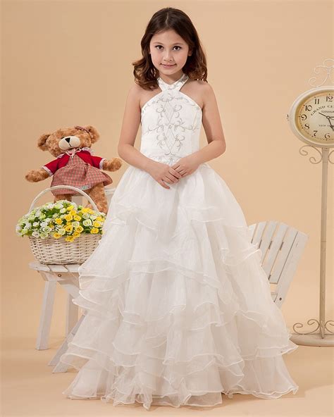 Custom Made Halter Princess Flower Girl Dresses For Wedding Party Embroider Pleated Tiered