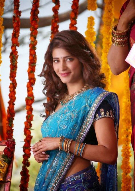 shruti hassan spicy hip navel photos in blue saree beautiful bollywood actress most beautiful
