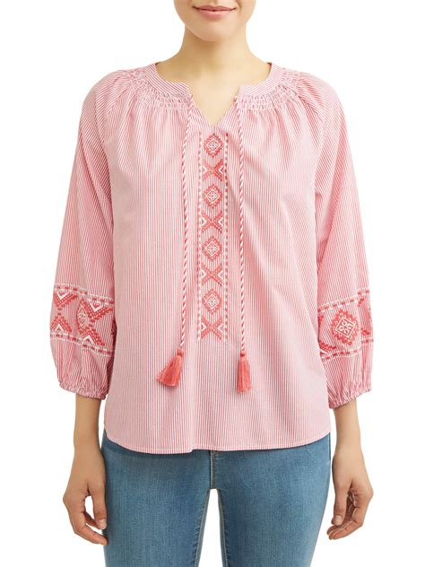 Time And Tru Womens Embroidered Smock Neck Top