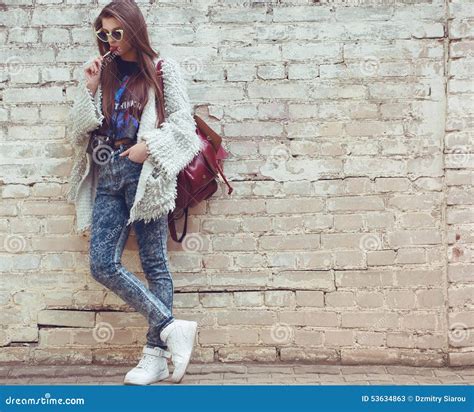 Young Street Fashion Girl On The Background Of Old Stock Image Image