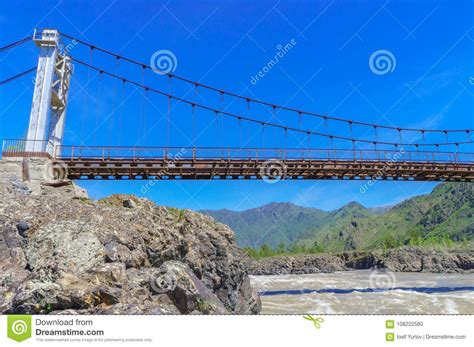 Detail Of Cable Stayed Bridge Over River Katun In Altai Stock Photo