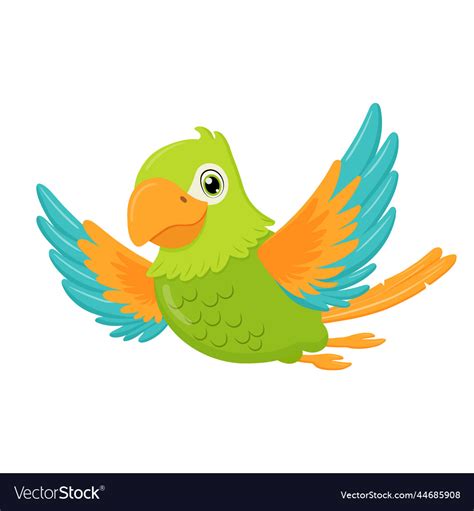 Green Parrot Bird Flying Flat Cartoon Character Vector Image