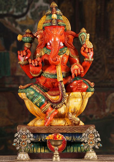Sold Wood Ganesh Statue With Leg On Lotus Base 24