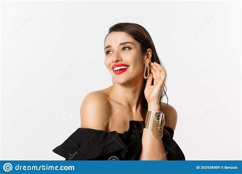 Fashion And Beauty Concept Close Up Of Elegant Brunette Woman With Red Lips Black Dress