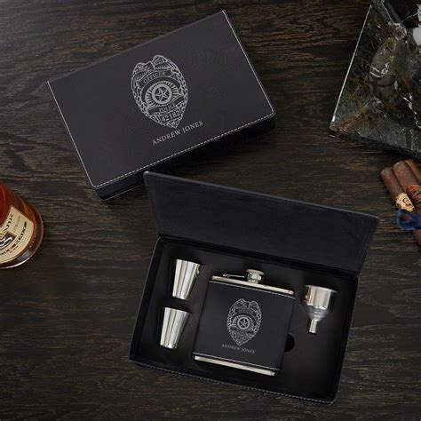 I know gift giving for men can be hard, but i think giving things to a police officer, you have a small advantage because there are certain things you know he'll love and use regularly. Personalized Police Badge Black Flask Set - Gift for ...