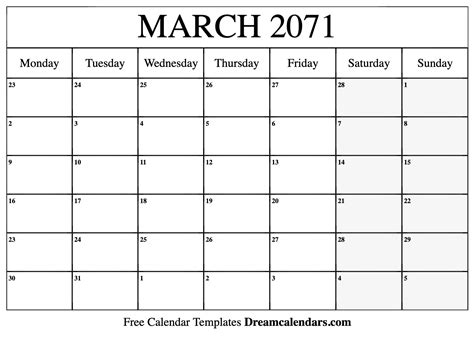 March 2071 Calendar Free Blank Printable With Holidays