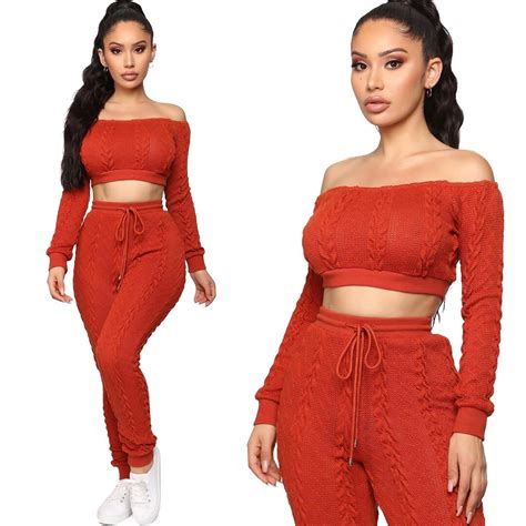 Autumn Winter Style Knitted 2 Piece Set Women Slash Neck Long Sleeve Crop Top And Drawstring