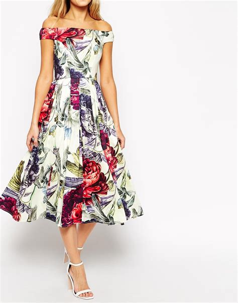 Asos Bardot Floral Midi Prom Dress Lyst
