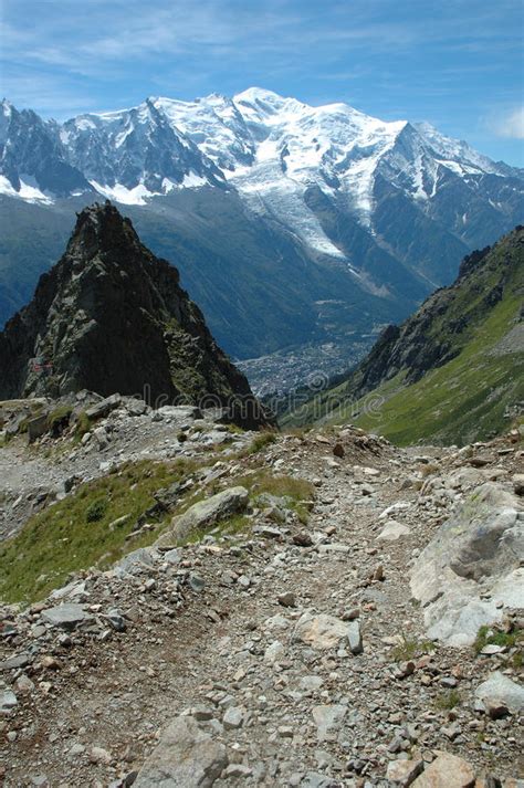 Trail And Mount Blanc Mountain Nearby Chamonix In France Stock Photo