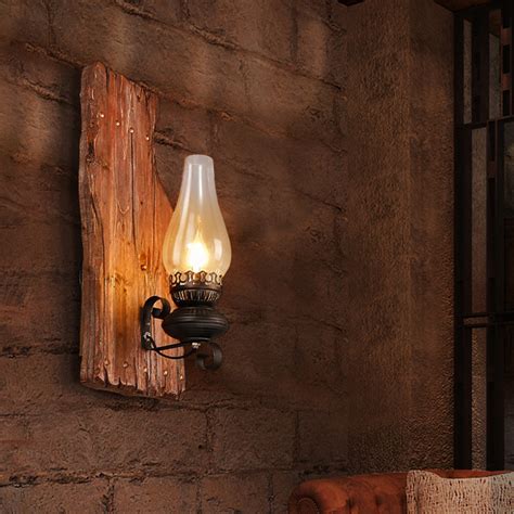 Rustic Vintage Wood Wall Light Cafe Bar Sconce Glass Shade Wall Lamp