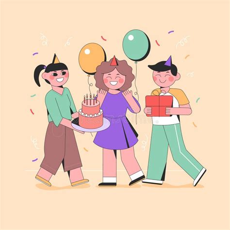 Illustrated People Celebrating At A Birthday Party Vector Illustration