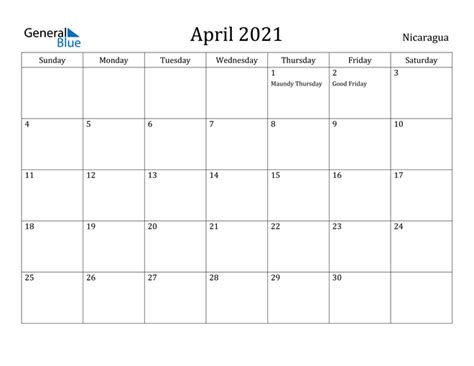 New year's day on january 1 in the gregorian calendar is a public holiday in the philippines. April 2021 Calendar - Nicaragua