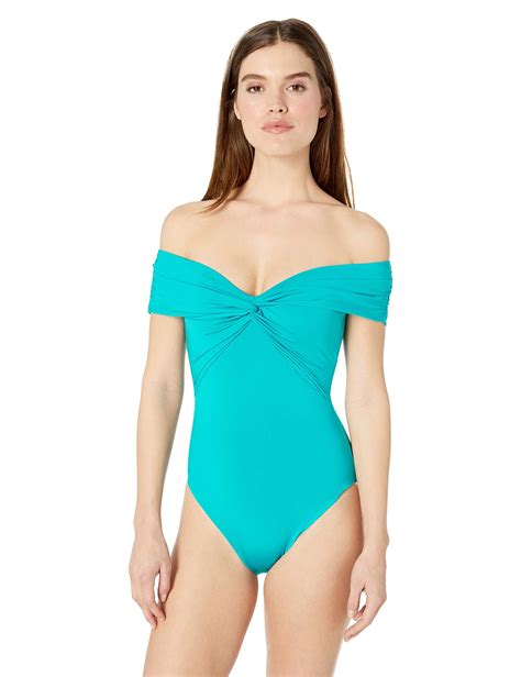 Trina Turk Synthetic Off Shoulder Twist Front Bandeau One Piece Swimsuit In Turquoise Blue Blue