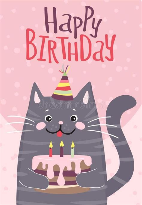 A Happy Birthday Card With A Cat Holding A Cake And Wearing A Party Hat