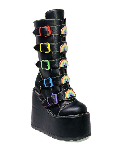 Demonia Rainbow Iridescent Stack Platform Boots Gothic Shoes Goth