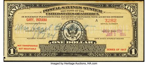 Gary Indiana Postal Savings System Series 1917 1 Certificate Lot