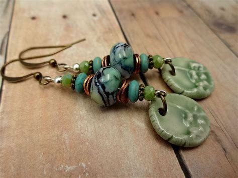 Artisan Made Lampwork Glass And Ceramic Earrings In Blue And Green