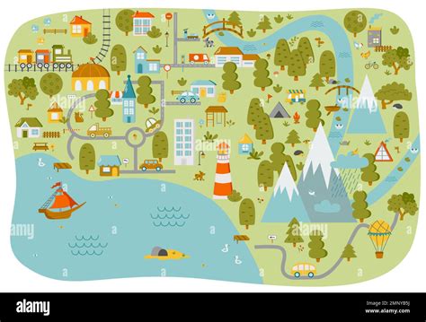 Cute Town Map For Kids Room Landscape With Lot Details Vector