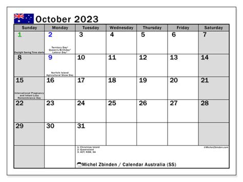 October 2023 Printable Calendar “australia Ss” Michel Zbinden Au