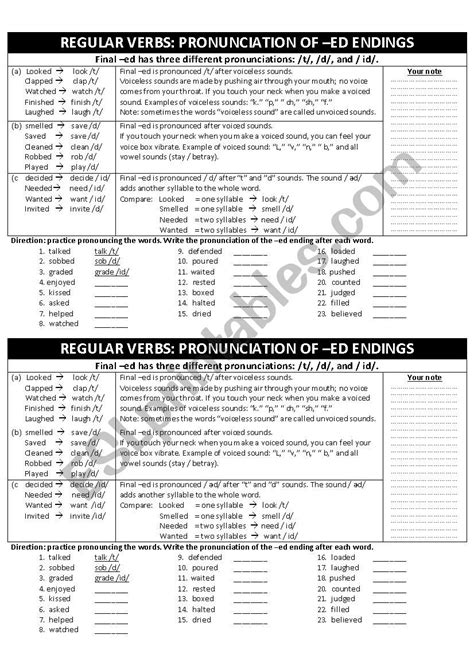 pronunciation of regular verbs ed endings esl worksheet by cheancheanchean