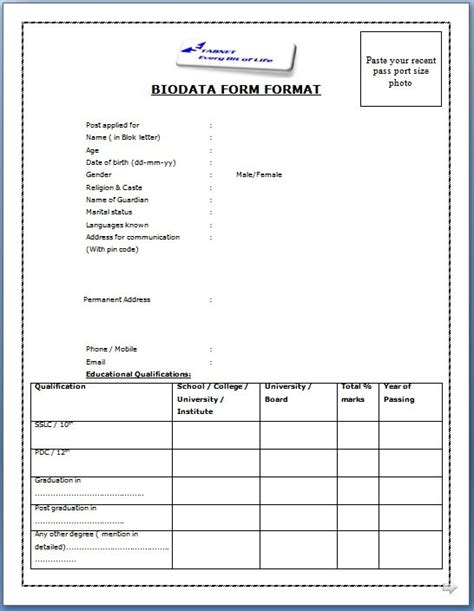 Biodata Form In Word Cover Letter Builder Biodata Format Biodata Porn