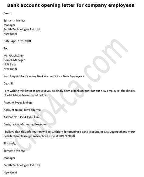 Bank Account Opening Request Letter For Company Employees
