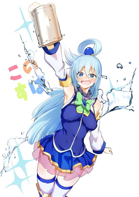 Safebooru 1girl Absurdres Alcohol Aqua Konosuba Aqua Hair Arm Up